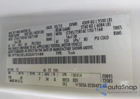 2013 Ford Econoline E350 Super Duty Van из США, поврежденный, VIN 1FTSE3EL6DDA73189